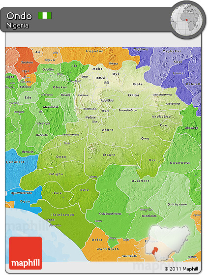 Physical 3D Map of Ondo, political shades outside