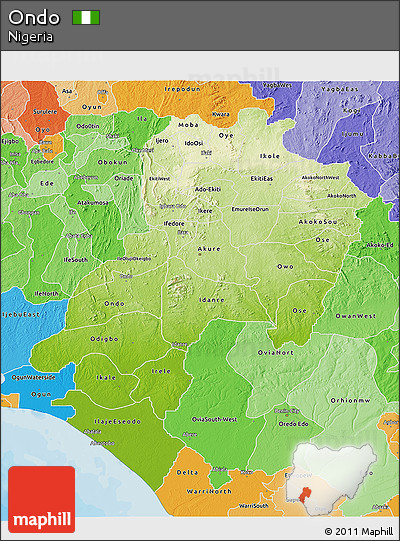 Physical 3D Map of Ondo, political shades outside