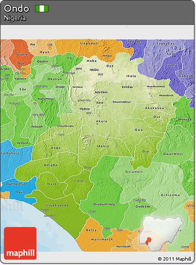 Physical 3D Map of Ondo, political shades outside