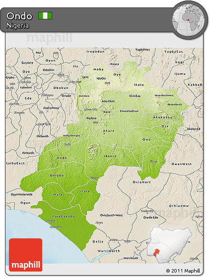Physical 3D Map of Ondo, shaded relief outside