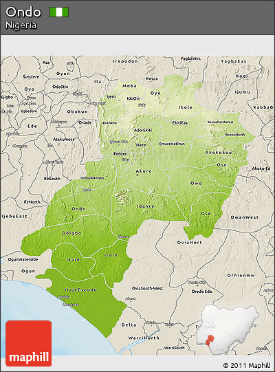 Physical 3D Map of Ondo, shaded relief outside