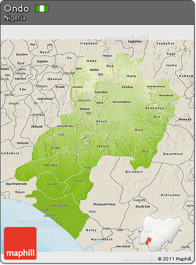 Physical 3D Map of Ondo, shaded relief outside