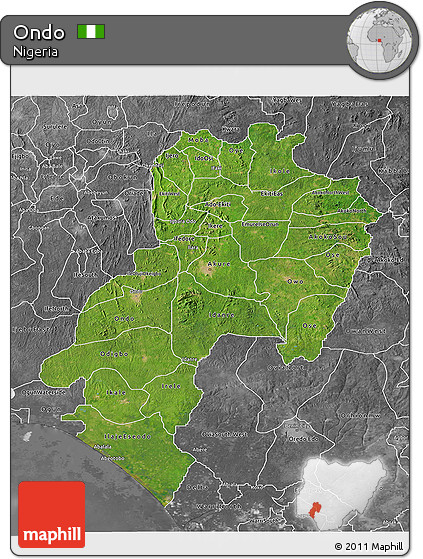 Satellite 3D Map of Ondo, desaturated