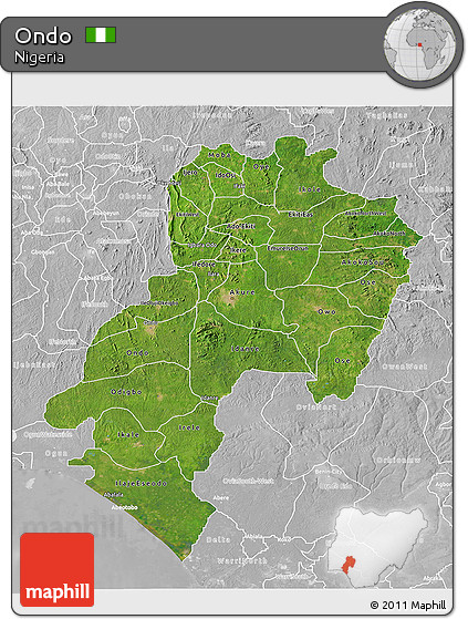 Satellite 3D Map of Ondo, lighten, desaturated