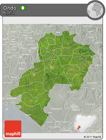 Satellite 3D Map of Ondo, lighten, semi-desaturated