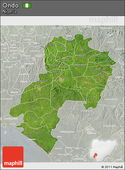 Satellite 3D Map of Ondo, lighten, semi-desaturated