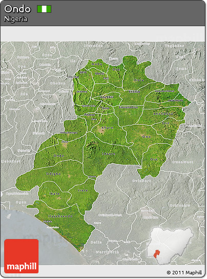 Satellite 3D Map of Ondo, lighten, semi-desaturated