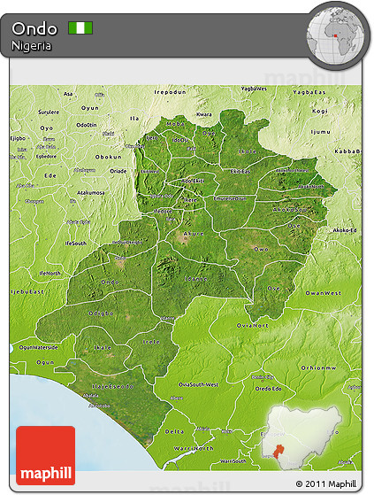 Satellite 3D Map of Ondo, physical outside