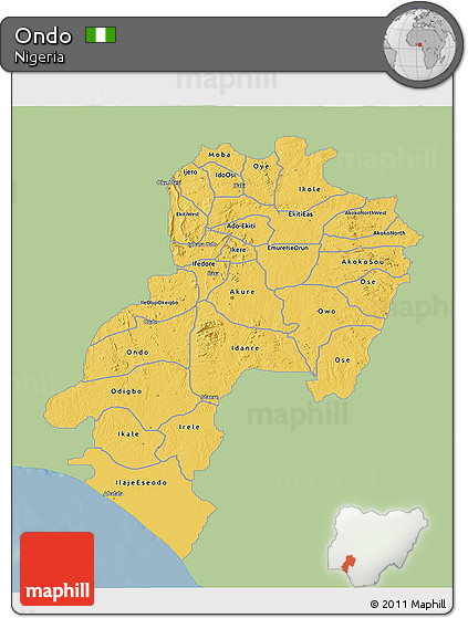 Savanna Style 3D Map of Ondo, single color outside