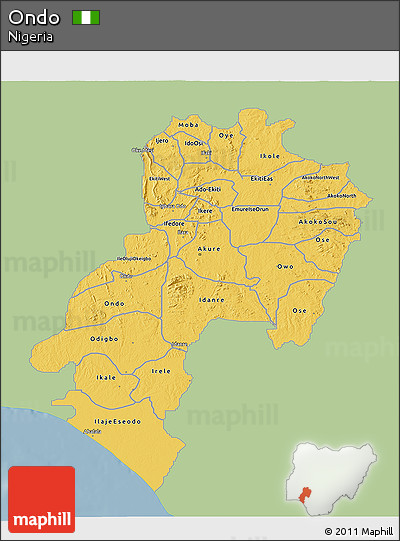 Savanna Style 3D Map of Ondo, single color outside