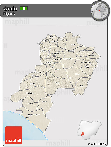 Shaded Relief 3D Map of Ondo, single color outside
