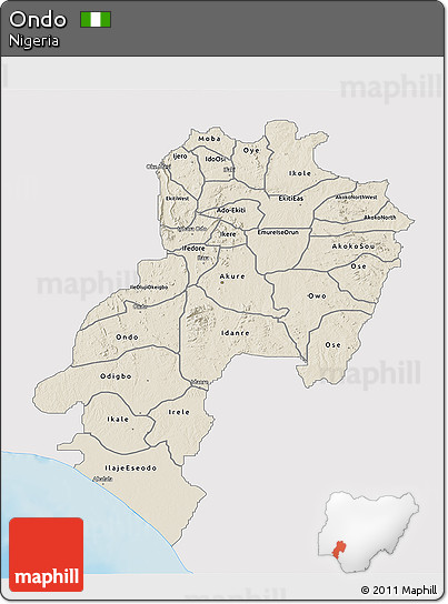 Shaded Relief 3D Map of Ondo, single color outside