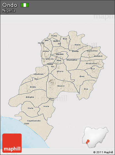 Shaded Relief 3D Map of Ondo, single color outside