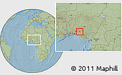 Savanna Style Location Map of Akure, within the entire country, hill shading