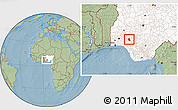 Savanna Style Location Map of Akure, highlighted country, hill shading