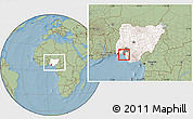 Savanna Style Location Map of IlajeEseodo, highlighted country, highlighted parent region, within the entire country, hill shading