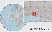 Gray Location Map of Ondo, within the entire country, hill shading