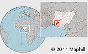 Gray Location Map of Ondo, highlighted country, within the entire country, hill shading
