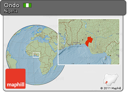 Savanna Style Location Map of Ondo, hill shading