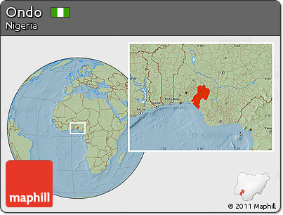 Savanna Style Location Map of Ondo, hill shading