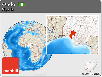 Shaded Relief Location Map of Ondo, highlighted country