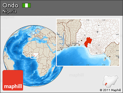 Shaded Relief Location Map of Ondo, highlighted country