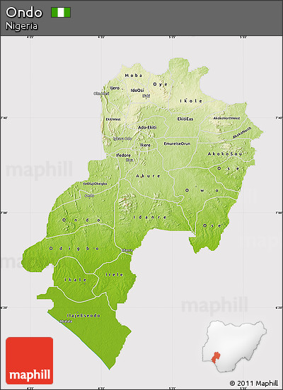 Physical Map of Ondo, cropped outside