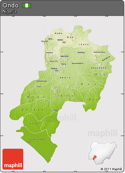 Physical Map of Ondo, cropped outside