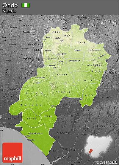 Physical Map of Ondo, darken, desaturated