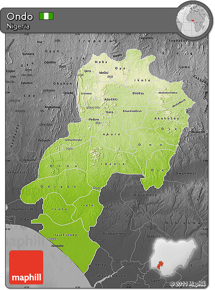 Physical Map of Ondo, darken, desaturated