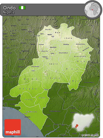 Physical Map of Ondo, darken