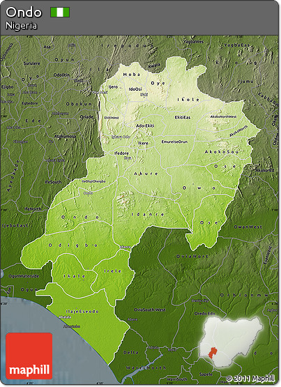 Physical Map of Ondo, darken