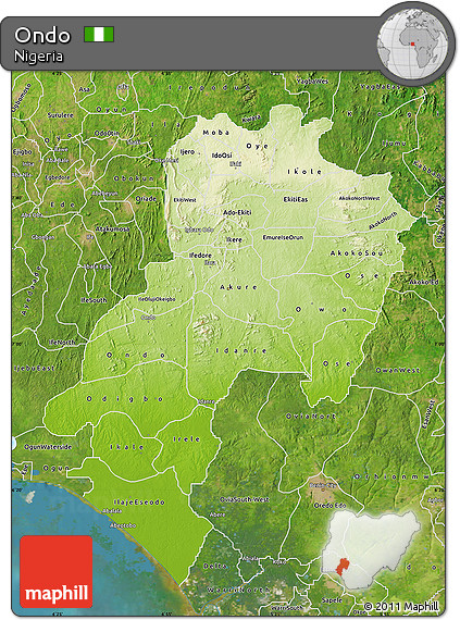 Physical Map of Ondo, satellite outside
