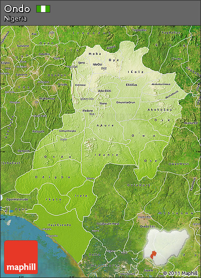 Physical Map of Ondo, satellite outside