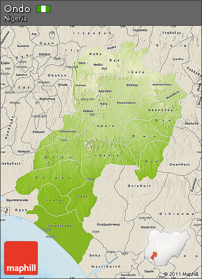 Physical Map of Ondo, shaded relief outside