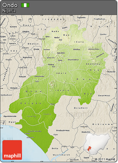 Physical Map of Ondo, shaded relief outside