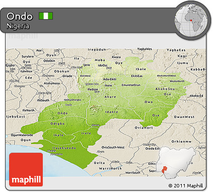 Physical Panoramic Map of Ondo, shaded relief outside