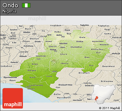 Physical Panoramic Map of Ondo, shaded relief outside