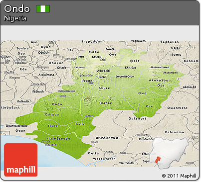 Physical Panoramic Map of Ondo, shaded relief outside