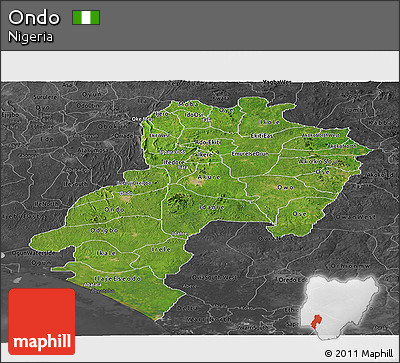 Satellite Panoramic Map of Ondo, darken, desaturated