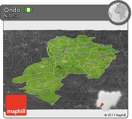 Satellite Panoramic Map of Ondo, darken, desaturated