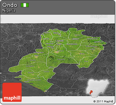 Satellite Panoramic Map of Ondo, darken, desaturated