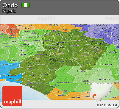 Satellite Panoramic Map of Ondo, political shades outside