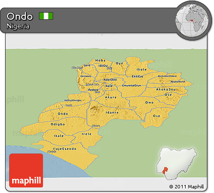 Savanna Style Panoramic Map of Ondo, single color outside