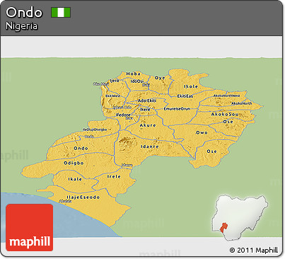 Savanna Style Panoramic Map of Ondo, single color outside