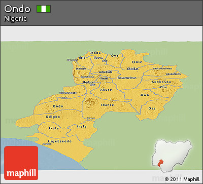 Savanna Style Panoramic Map of Ondo, single color outside