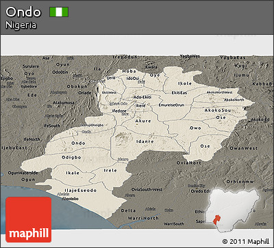 Shaded Relief Panoramic Map of Ondo, darken
