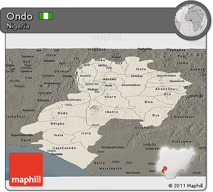 Shaded Relief Panoramic Map of Ondo, darken