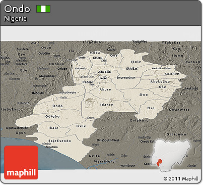 Shaded Relief Panoramic Map of Ondo, darken