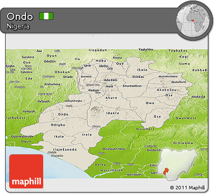 Shaded Relief Panoramic Map of Ondo, physical outside